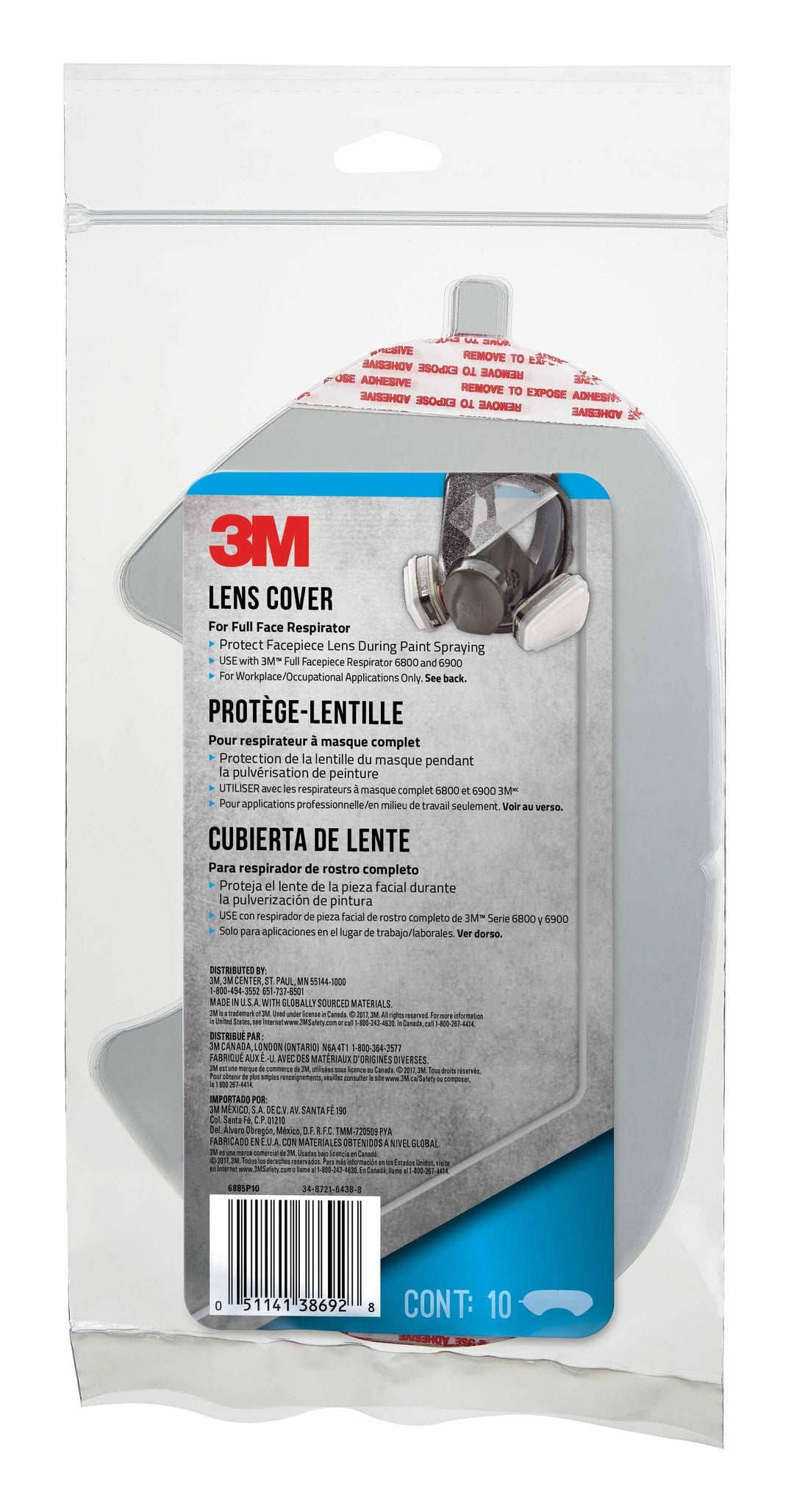 3M 6885PC1-B-NA 3M Lens Cover 6885P10-C for Full Face Respirator 6800 & 6900 Clear 10/Pack 5 Packs/Case 3M 7100150695
