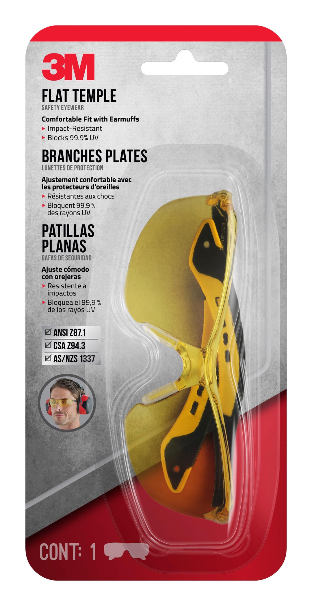 3M 47013H1-DC 3M Flat Temple Safety Eyewear 47013H1-DC Black & Yellow Frame Amber Lens 6/Case 3M 7100166607
