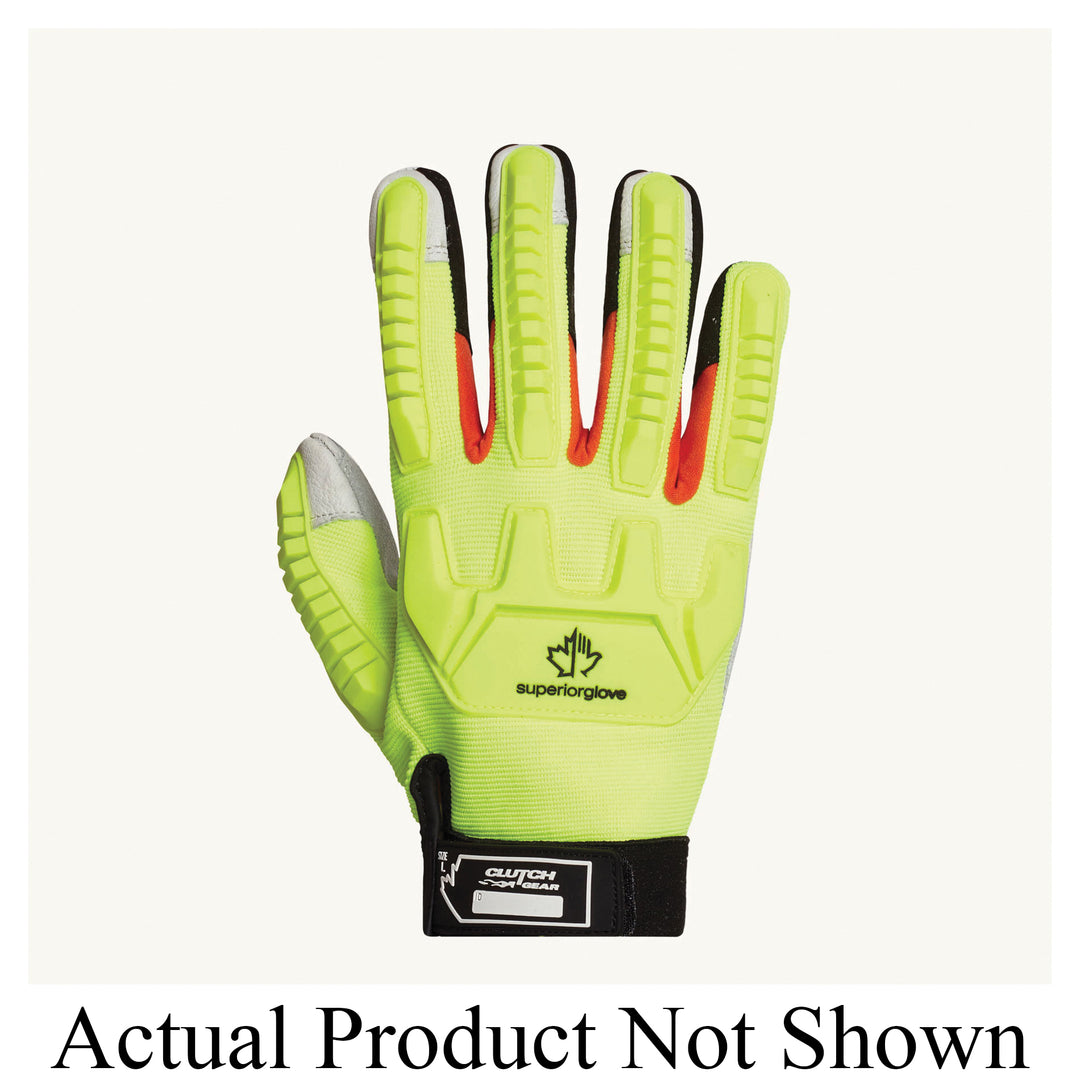 Superior Glove MXGCEHVBXXX Clutch Gear Hi-Viz Grain Goat Mechanics With Split Palm & Thumb Hi-Viz Tpr Back Superior