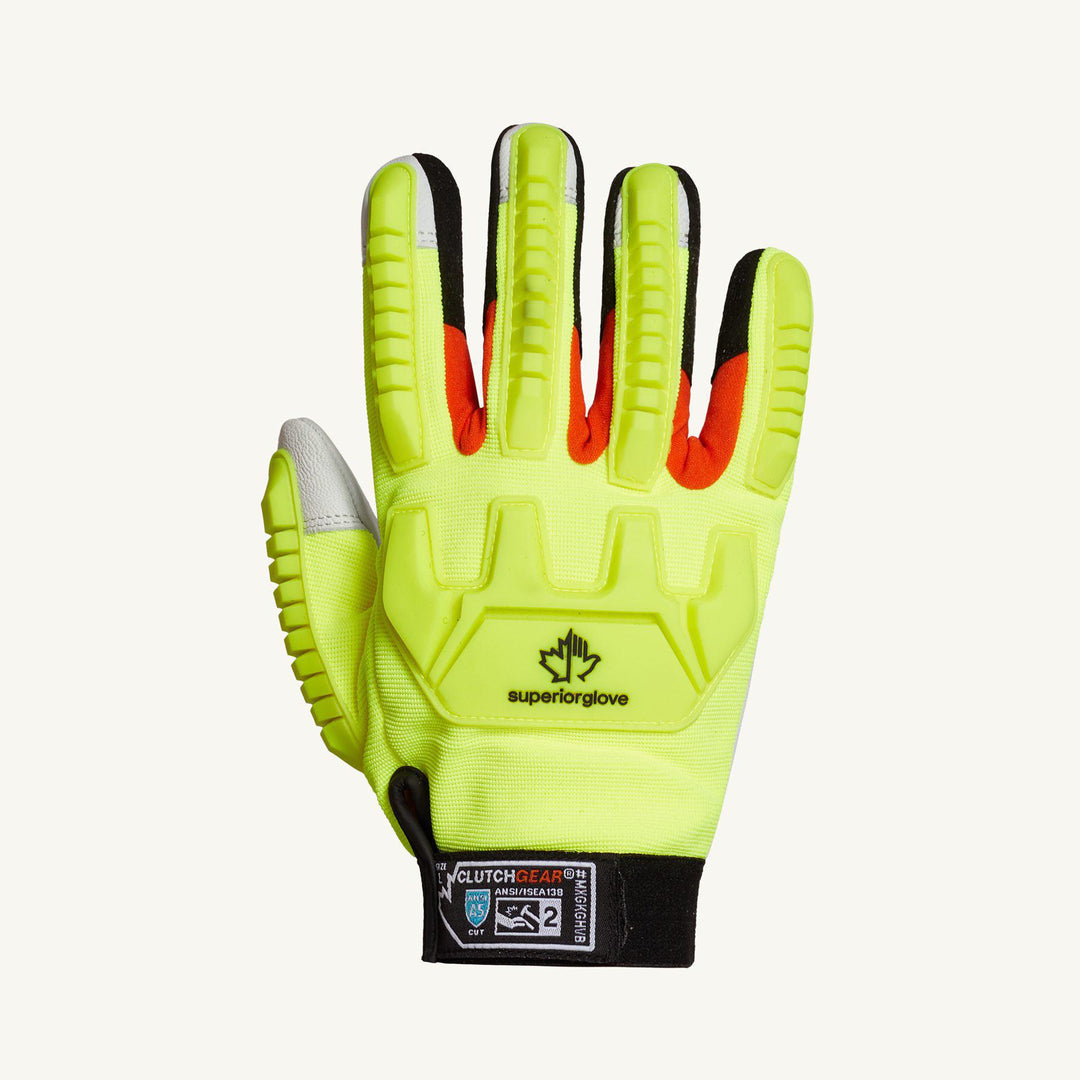 Superior Glove MXGKGHVB/M Clutch Gear Hi-Viz Grain Goatskin Mechanics Gloves Blended Kevlar Lined Tpr Back Ansi A5 Cut Superior