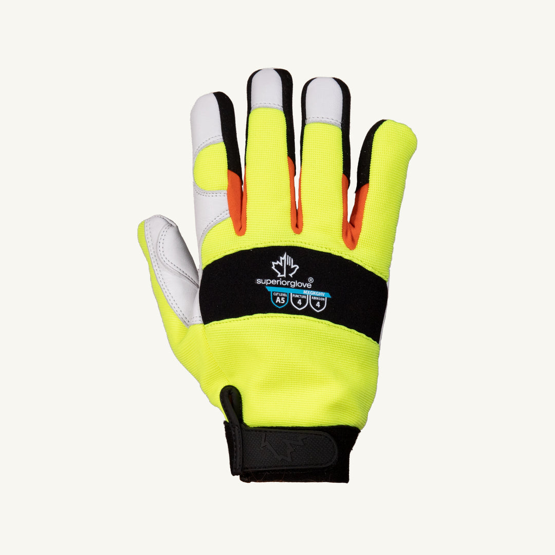 Superior Glove MXGKGHV/XS Clutchgear Grain Goat Mechanics Blended Kevlar Lined Hi-Viz Back ANSI A5 Cut