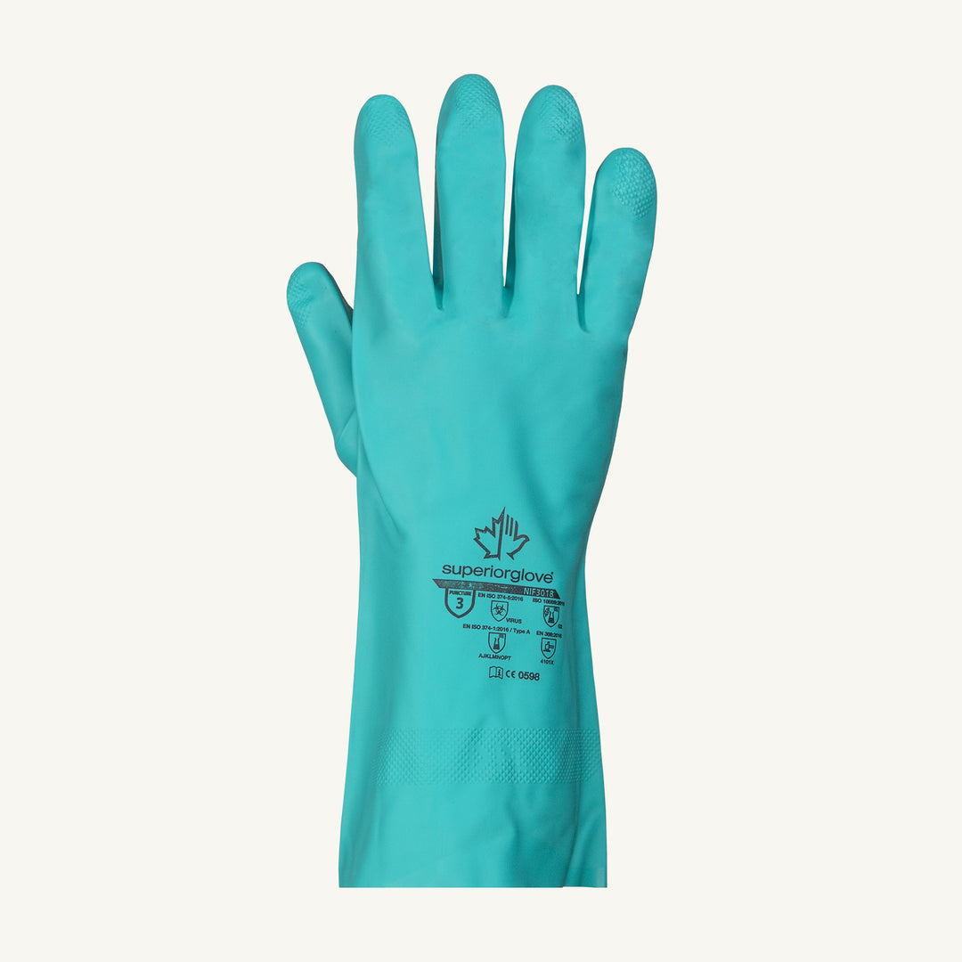 Superior Glove NIF30181 Chemstop Flock Lined Green Nitrile Glove 13In 15Mil Thick Cfia Approved Superior