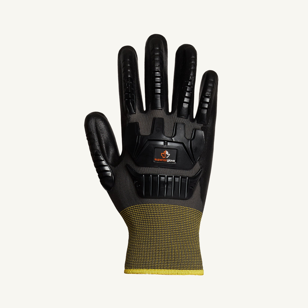 Reusable Gloves Superior Glove S13BFNVB/M String Nylon Gloves with Foam Nitrile Palms and Anti-Impact Taper Back in Black (Medium)
