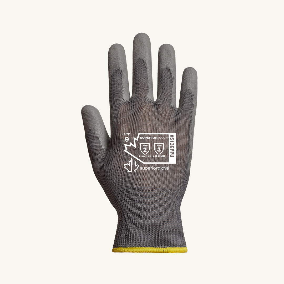 Reusable Gloves Superior Glove S13GPPU-9 Polyester Gloves with Polyurethane Coated Palms in Grey (Size 9)