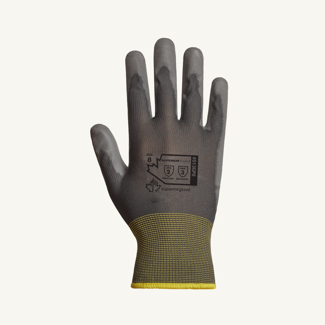 Reusable Gloves Superior Glove S13GPU-9 Knit Nylon Gloves with Polyurethane Coated Palms in Grey (Size 9)