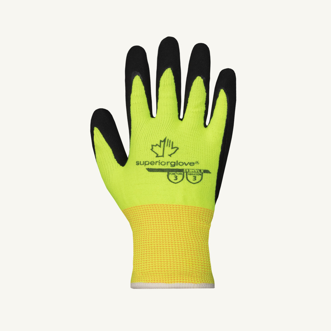 Reusable Gloves Superior Glove S13HVLX-11 Hi-Viz Yellow Polyester Gloves with Micropore Foam Latex Coated Palms (Size 11)