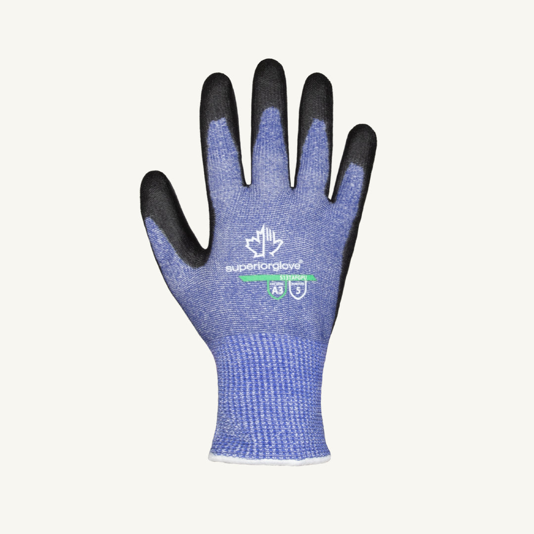 Reusable Gloves Superior Glove S13TAFGPU0 Cut-Resistant Gloves with Black Polyurethane Coated Palms in Blue (Size 10)