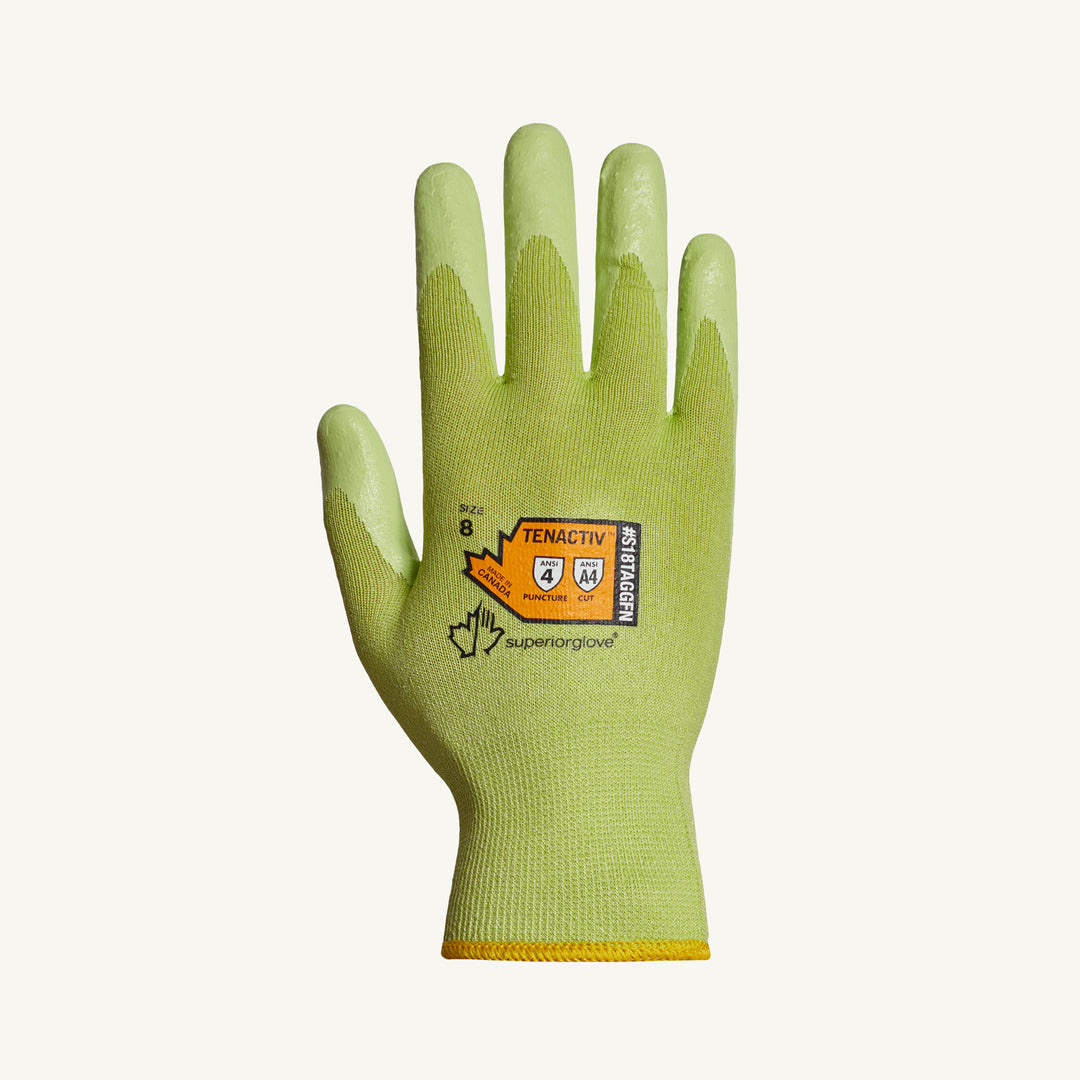 Reusable Gloves Superior Glove S18TAGGFN11 Hi-Viz Cut-Resistant Gloves with Foam Nitrile Palms in Green (Size 11)