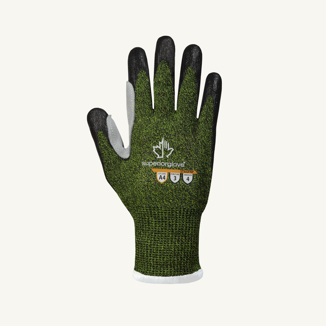 Superior Glove STAGFNP-11 Glove Tenactiv Hi-Viz 13Ga Hppe Fibers Foam Nitrile W/Leather Patches On Palm ANSI A4 Cut