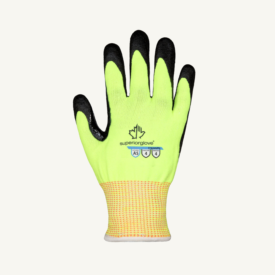 Reusable Gloves Superior Glove STAGHVPN-7 Hi-Viz Composite Knit Gloves with Micropore Nitrile Palms (Size 7)