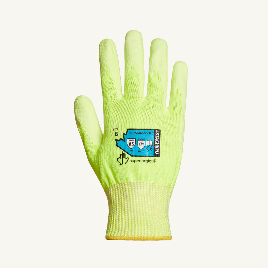 Reusable Gloves Superior Glove STAGHVPU10 Hi-Viz Composite Knit Gloves with Polyurethane Coated Palms (Size 10)