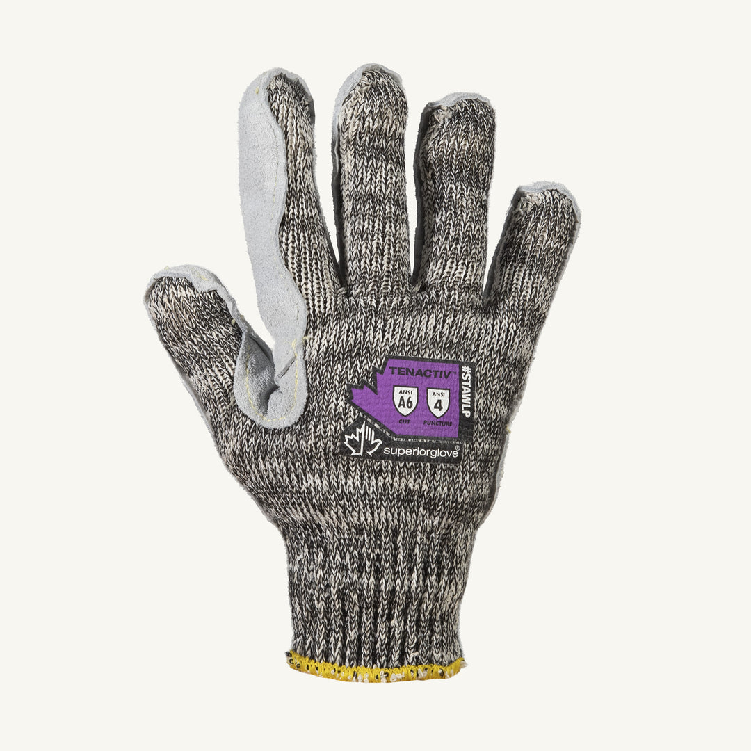 Superior Glove STAWLP/M Glove - String Knit 7Ga Tenactiv / Steel Blend Split Leather Palm A6 Cut ANSI 4 Puncture