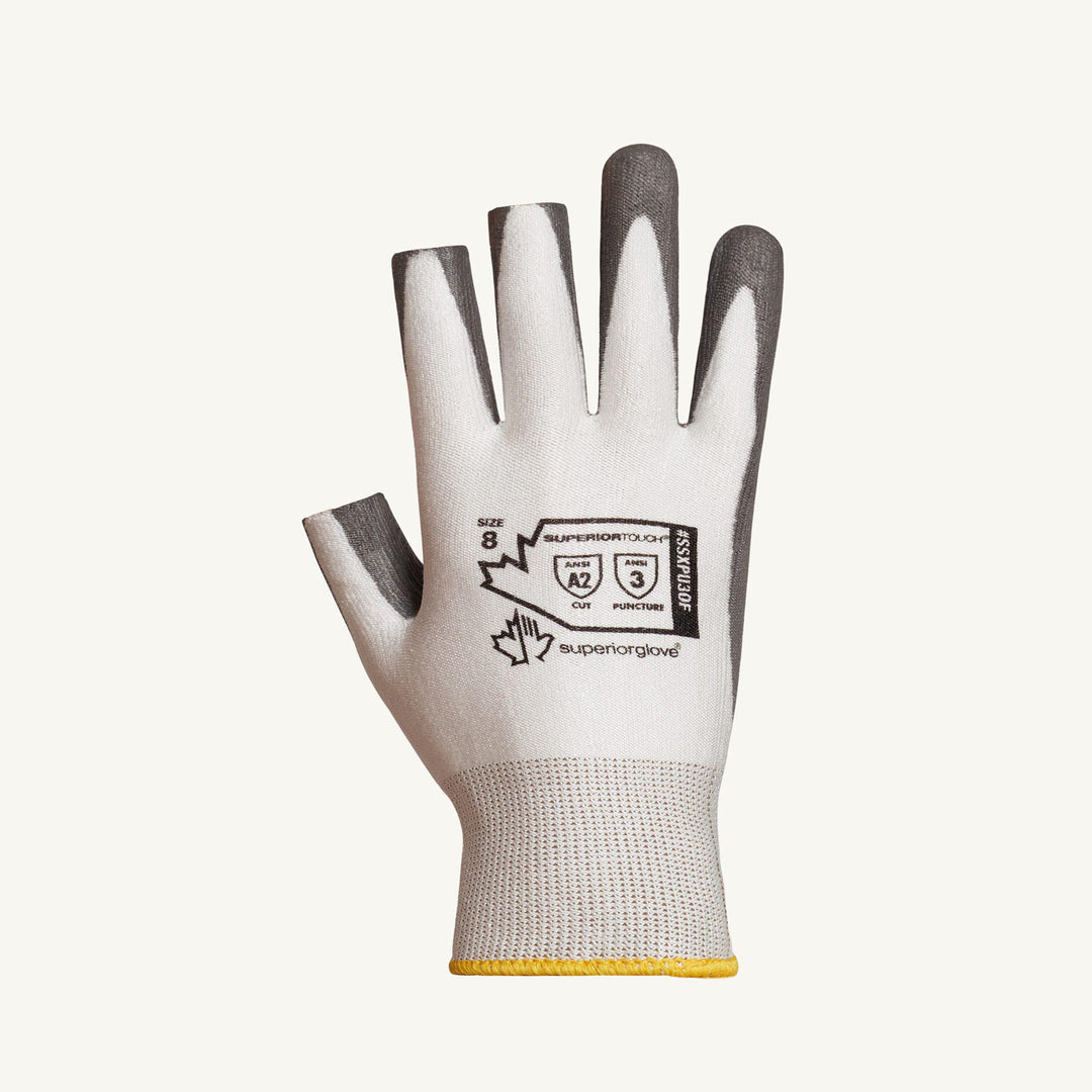 Reusable Gloves Superior Glove SSXPU3OF10 White Dyneema Gloves with Grey Polyurethane Palms and 3 Open Fingers (Thumb,Index,Middle) (Size 10)