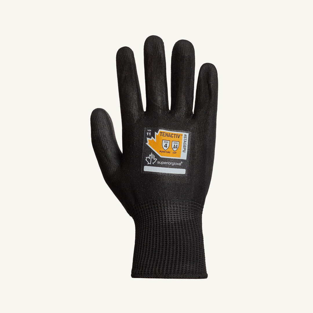 Reusable Gloves Superior Glove STAGBPU-5 13-Gauge Knit Gloves with High Performance Fibers and Polyurethane Palm in Black (Size 5)