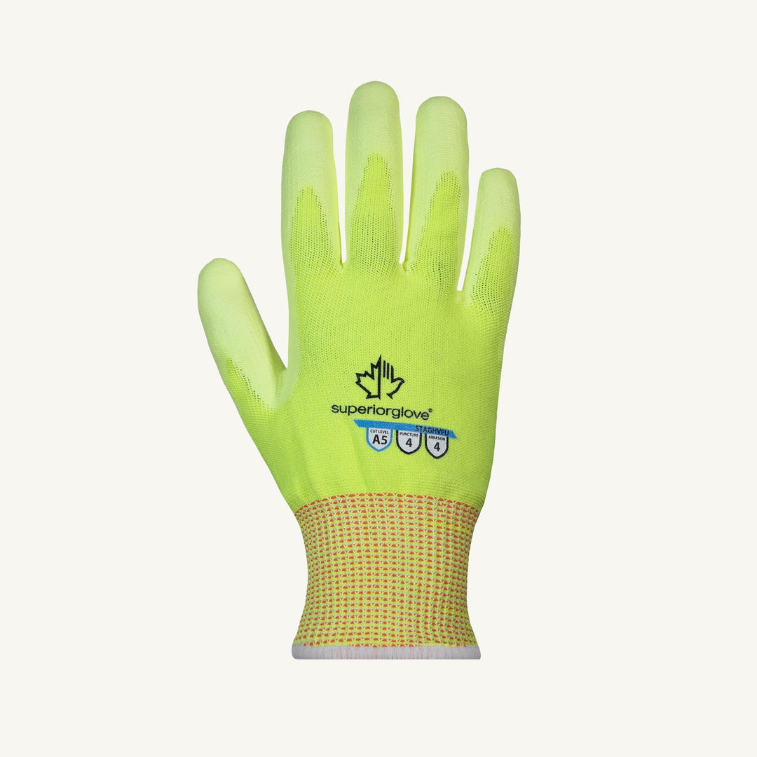 Reusable Gloves Superior Glove STAGHVPU-5 Hi-Viz Composite Knit Gloves with Polyurethane Coated Palms (Size 5)